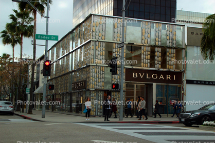 Bvlgari Building, Rodeo Drive, road sign, corner store