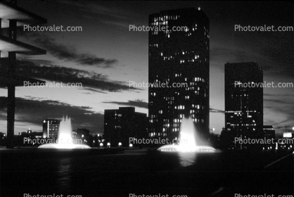 Department of Water and Power, Water Fountain, aquatics, building, high rise, Nighttime, Twilight, Dusk, Dawn, 1970s