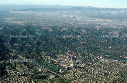 Westwood, UCLA, San Fernando Valley in the upper background of this image, Interstate Highway I-405