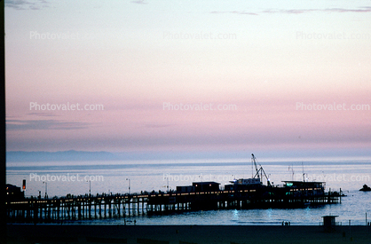 Santa Monica Pier, Sunset, Buildings, Pacific Ocean, bay, beach, 1970s