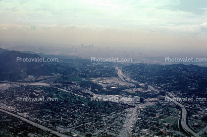 freeway, buildings, smog, haze