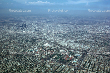 Urban Sprawl, Colosseum football stadium, USC Campus, freeways, smog, buildings, homes, houses