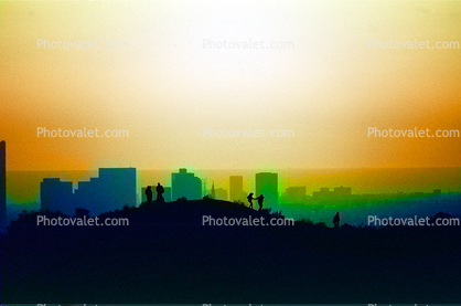 sunset, skyline, smog, haze, buildings, hill, people