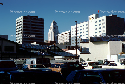 cars, buildings, skyline, Los Angeles City Hall, Government offices, Mayor's Office, cars, 1988