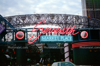 Seventh Market Place, building, entertainment, cars, neon sign