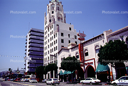 Hollywood First National Bank, building, cars, Hollywood Blvd and Highland