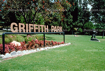 Griffith Park Sign, Signage, grass, lawn, statue