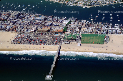 Harbor, Docks, Boats, rooftops, homes, houses, buildings, Newport Pier, Pavilion, Pacific Ocean, Sand, Beach