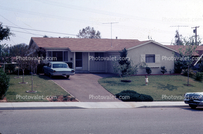 Driveway, car, front yard, house, home, building, street, sidewalk, suburbian, 470 Highlander Drive, Riverside, May 1967, 1960s