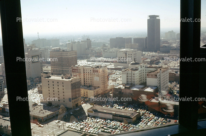 Downtown LA buildings, cars, parking, exterior, landmark, 1970s