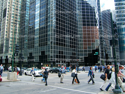 downtown, crosswalk, cars, buildings, skyscrapers, highrise, automobiles, vehicles
