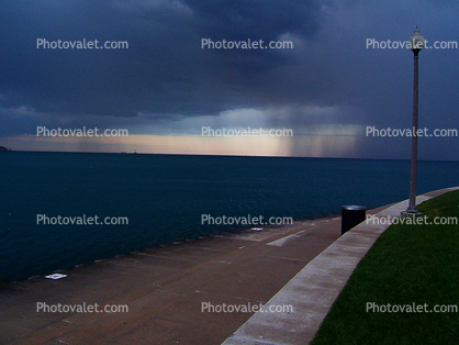 Rain, Downpour, walkway, Lake Michigan