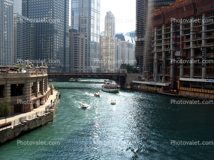 Tour Boat, Chicago River, buildings, skyline, skyscraper, tourboat
