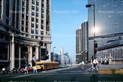 crosswalk, Wacker Drive, Sun Times Building, IBM Building, skyline, cityscape, looking-up