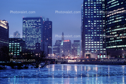 Chicago River, Frozen Over, Twilight, Dusk, Dawn