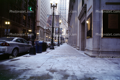 Ice cold sidewalk, buildings, downtown Chicago