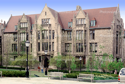 building, bench, lamp, University of Chicago