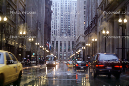Chicago Board of Trade Building, Rain, Rainy, Taxi Cab, Cars, automobile, vehicles