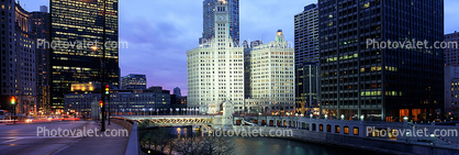 Wrigley Building, Chicago River, Panorama, Twilight, Dusk, Dawn, skyline, cityscape, buildings, skyscrapers