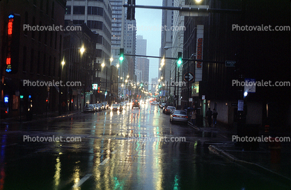 Rain, rainy, street, traffic lights, cars, building, automobiles, vehicles
