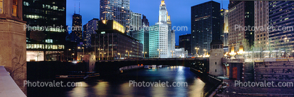 Chicago River, Panorama, Twilight, Dusk, Dawn, buildings, skyscrapers, cityscape, skyline