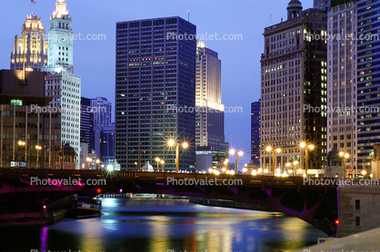 Chicago River, Twilight, Dusk, Dawn, buildings, skyscrapers, cityscape