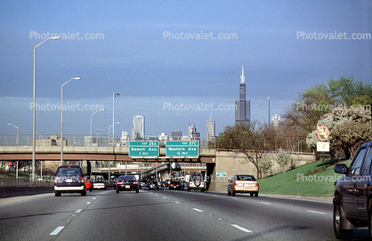 Interstate Highway I-290, expressway, buildings, bridge