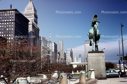 Equestrian Statue, skyline, buildings, sculpture, art, artwork, Michigan Avenue, September 1962, 1960s