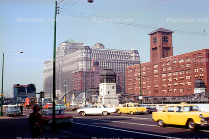 Center Place building, Checker Taxi Cab, Wacker Drive, Car, Automobile, Vehicle, September 1962, 1960s