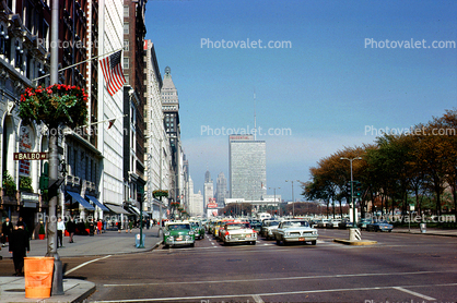 Cars, Michigan Boulevard, vehicles, One Prudential Tower, automobile, building, Automobiles, September 1962, 1960s