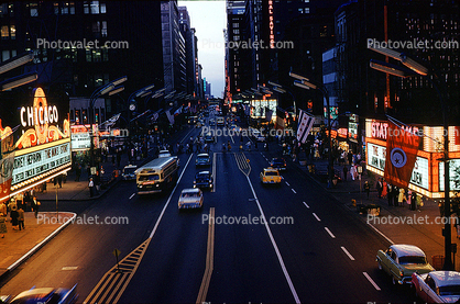 Cars, Street, Chicago Theater District, taxi cabs, evening, night, dusk, neon signs, Car, Automobile, Vehicle, July 1959, 1950s