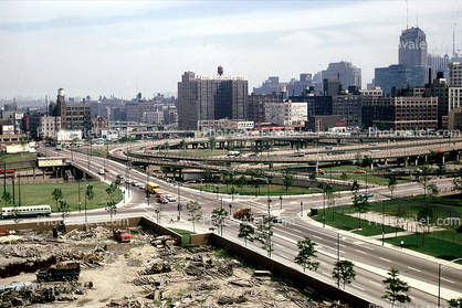 Road, skyline, cars, automobiles, vehicles, 1960s