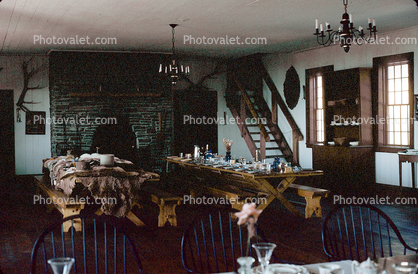 Interior, tables, dining room, Grand Portage National Monument, Fort