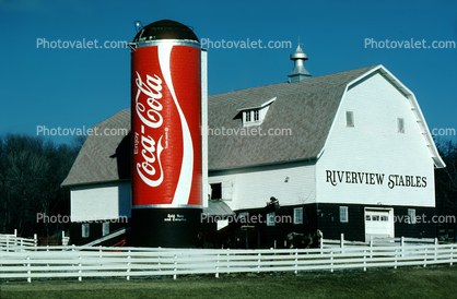 Riverview Stables, Giant Coca-Cola Can Silo, white barn, fence