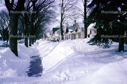 Sidewalk, Snow, suburbia, homes, houses, winter, July 1965