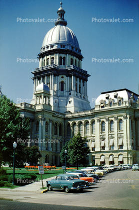 Illinois State Capitol, Parked Cars, automobile, Springfield, September 1959, 1950s