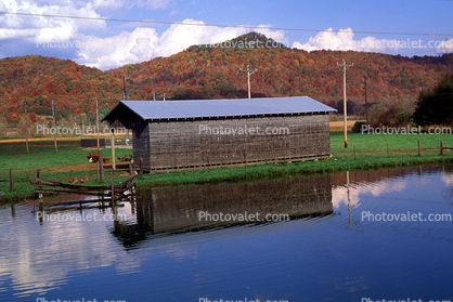 Shed, Reflection, Clouds, pond, autumn