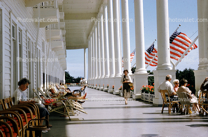 Lazy Summer Day, Columns, Porch, Chairs, Hotel, Mackinac Island, 1950s