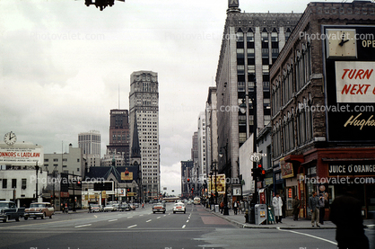 Downtown Detroit, cars, buildings, 1950s