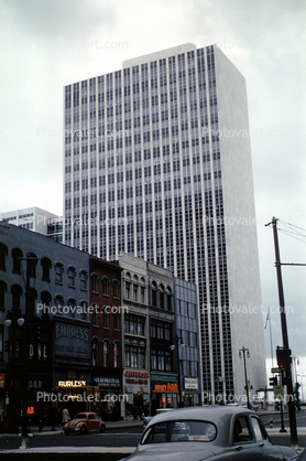 Downtown Detroit, cars, buildings, 1950s