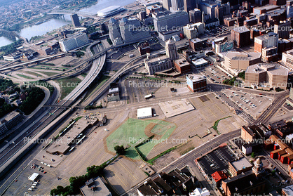Downtown, Parking, roads, buildings, Cincinnati, baseball field on a parking lot, 7 September 1997