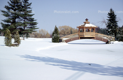 Gazebo on an Arch Footbridge, Iced Over Lake, Snow, Cold, Ice, Chilly, Frozen, Icy, Snowy