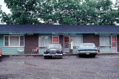 Motel, cars, building, automobile, vehicle, 1960s