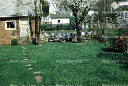 Backyard, lawn, walkway, stepping stones, fence, wall, home, house