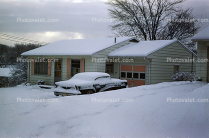 Car in Snow, House, Garage, Cold, Winter, 1950s