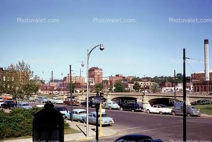 Skyline, Bridge, Cars, automobile, vehicles, Des Moines, 1955, 1950s