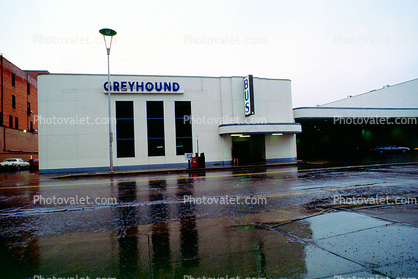Greyhound Bus Station, artdeco, art-deco, rain, storm, wet, water, slippery, inclement weather, bad, Rainy, Bad Driving Conditions, Rain Downpour, building
