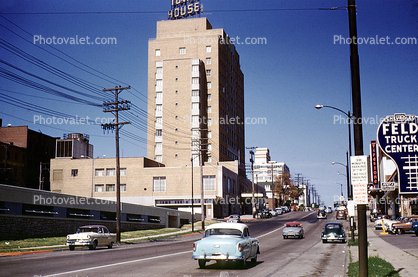 cars, road, Feld Truck Center, Town House, Highrise Building, Street, 1950s