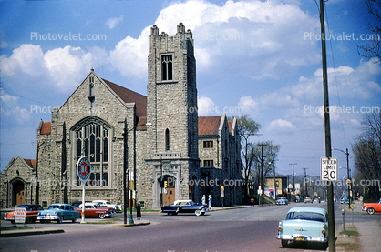 Cars, automobile, vehicles, Methodist Church, Washington Avenue, April 1954, 1950s