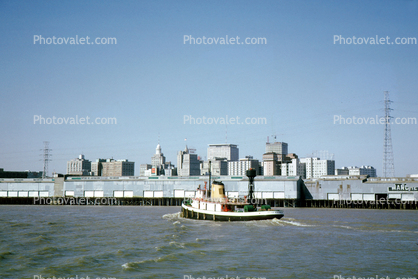 Fireboat, Deluge New Orleans, Waterfront, skyline, docks, 1970, 1970s